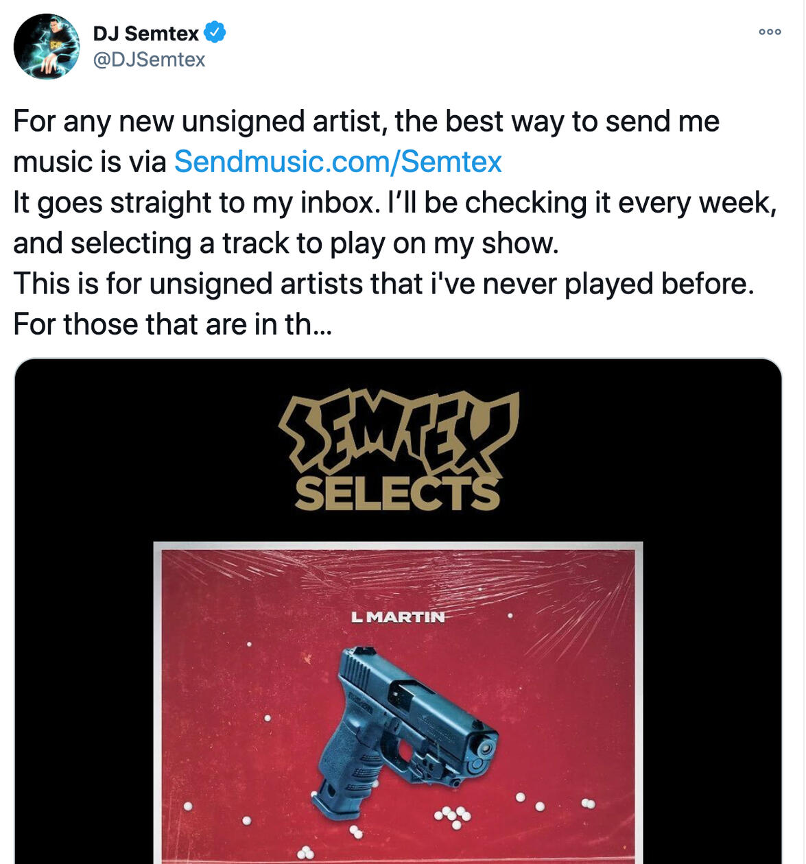 DJ Semtex tweeting his SendMusic link